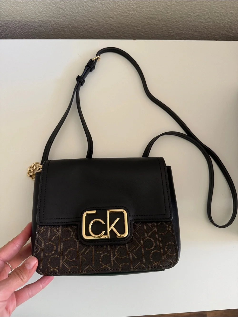 Calvin Klein Black & Brown Logo Flap Crossbody Bag